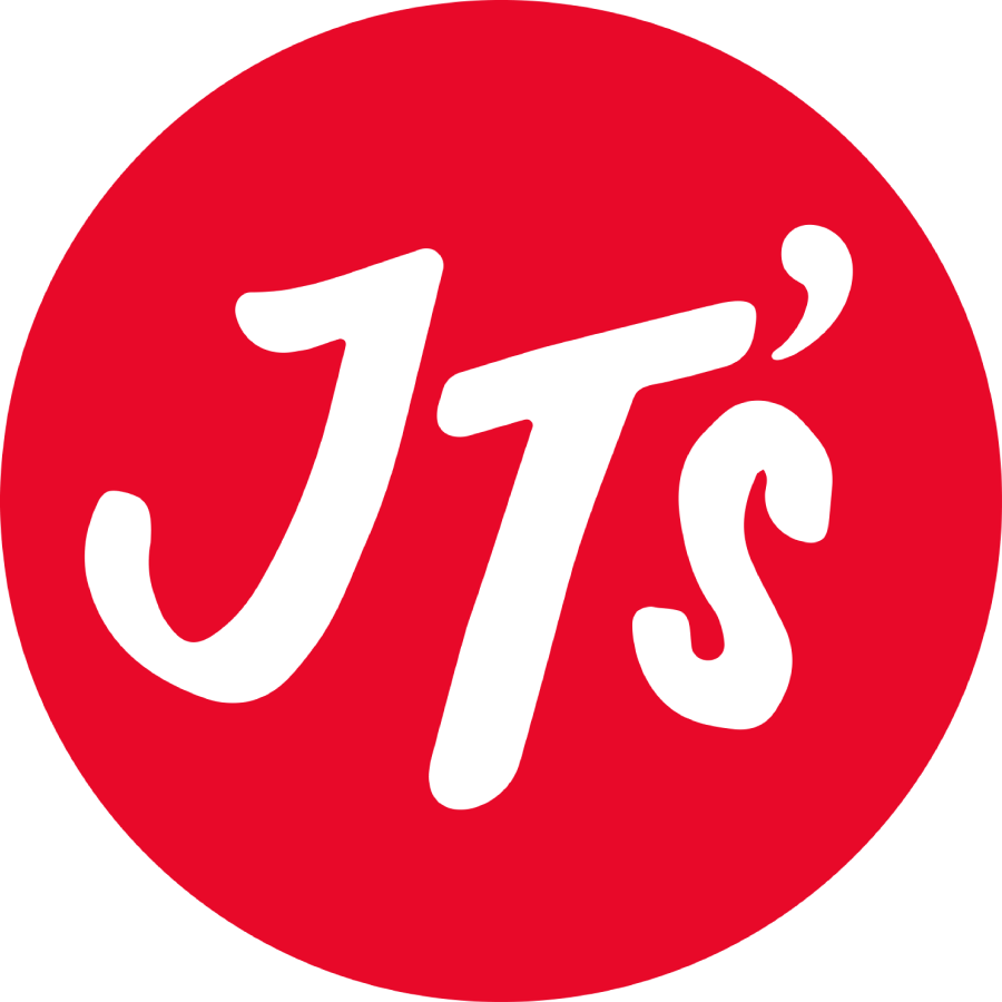 JT's logo in white script on a red background, representing Jiffy Trip’s food area.